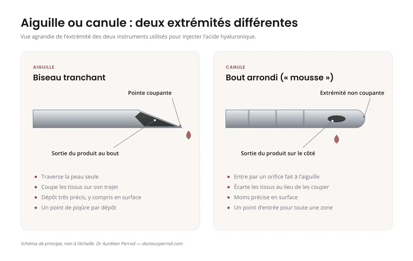 Schéma comparant le biseau tranchant d'une aiguille et le bout arrondi d'une canule d'injection d'acide hyaluronique