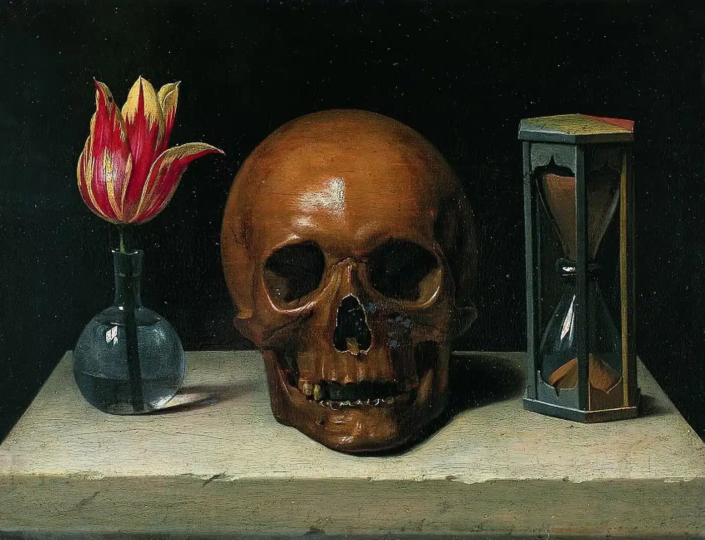 Vanité de Philippe de Champaigne : une tulipe, un crâne et un sablier, allégorie du temps qui passe